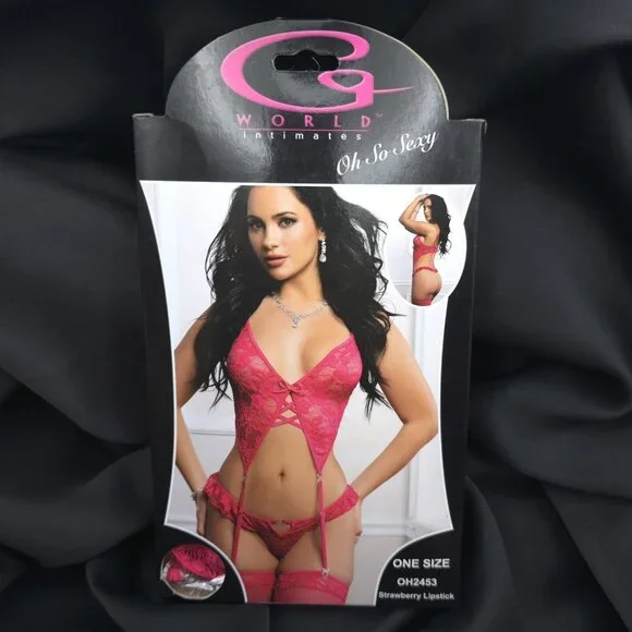 G World Pink Lace Garter Bra Lingerie Set 3pc Thong Stockings One Size OH2453 - Picture 2 of 7